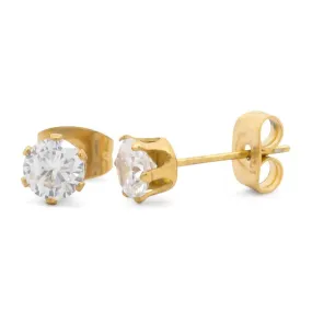 Stainless Steel Clear round Stud Earrings Gold (size 5)