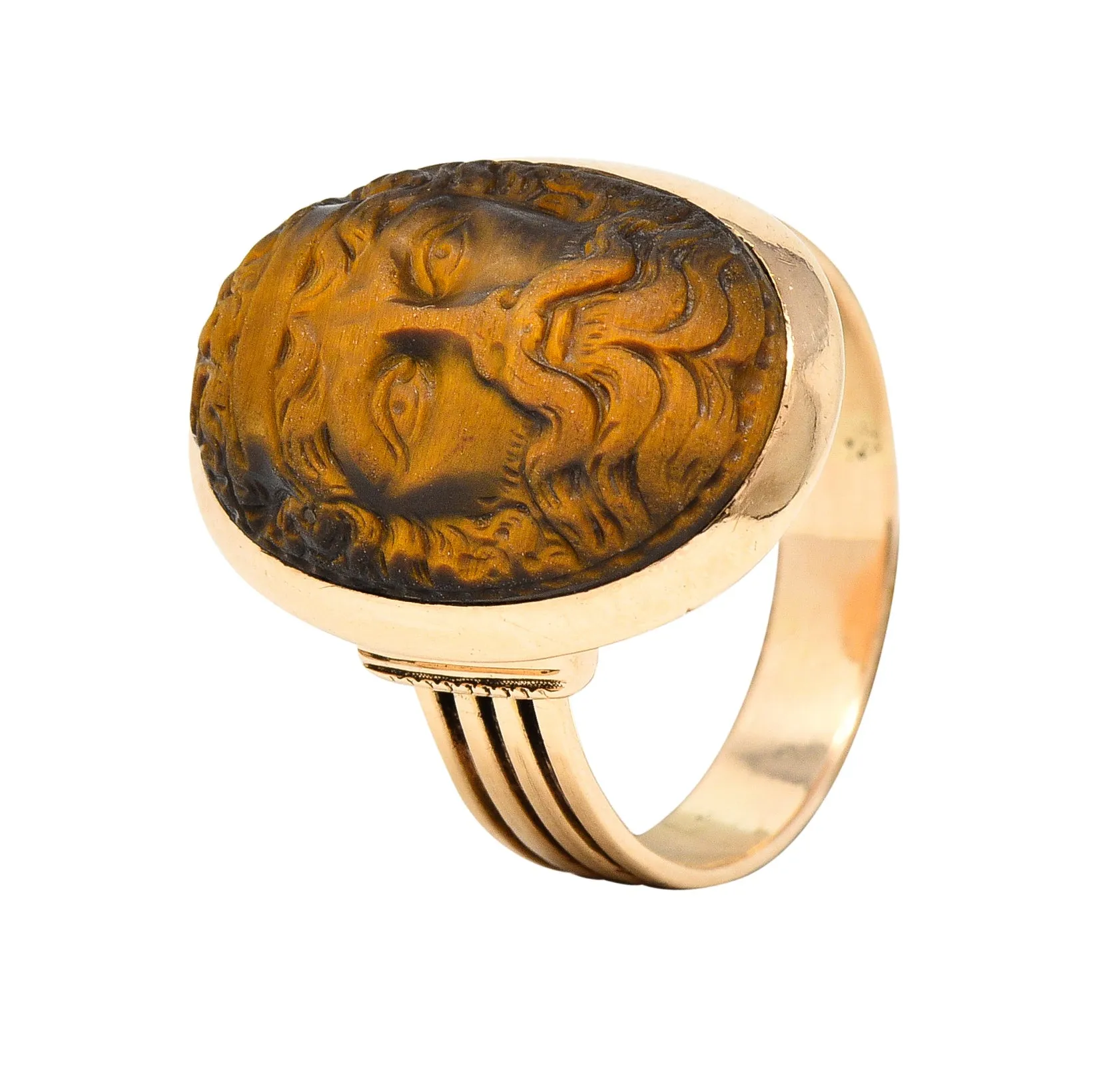 Victorian Tiger's Eye 14 Karat Rose Gold Carved Hercules Cameo Antique Unisex Ring