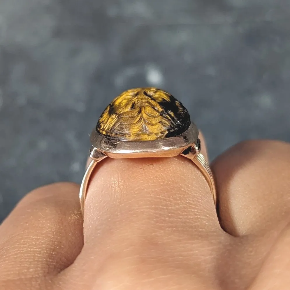 Victorian Tiger's Eye 14 Karat Rose Gold Carved Hercules Cameo Antique Unisex Ring