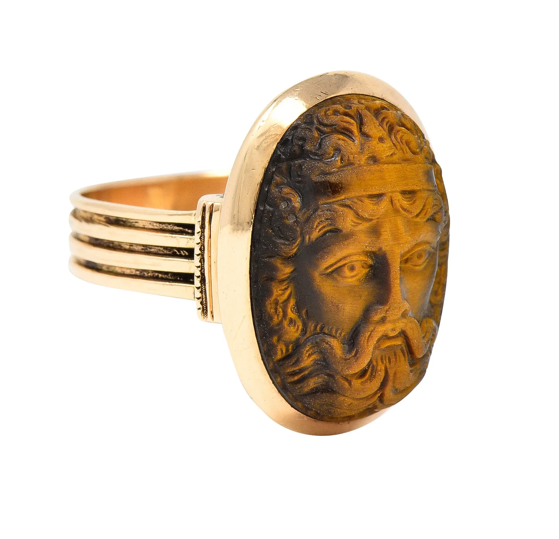 Victorian Tiger's Eye 14 Karat Rose Gold Carved Hercules Cameo Antique Unisex Ring