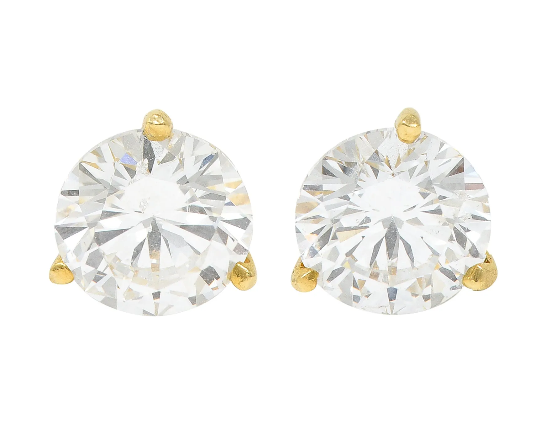 Vintage 1.92 CTW Round Brilliant Diamond 18 Karat Yellow Gold Unisex Stud Earrings